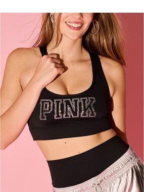 PINK Victoria's Secret Black Rhinestone Logo Sports Bra